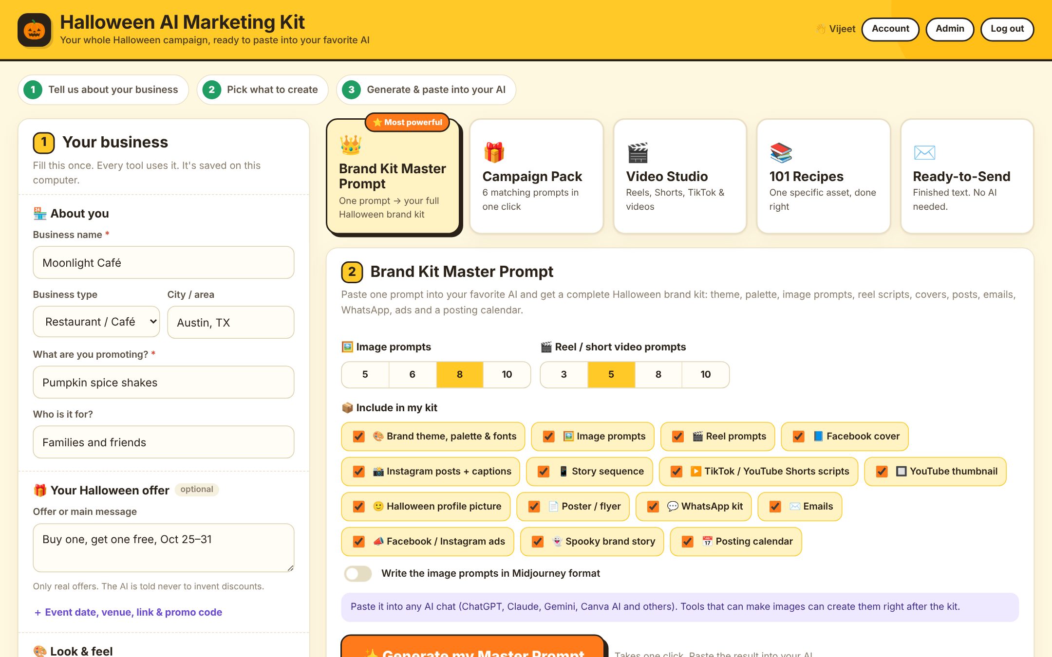 Screenshot of the Halloween AI Marketing Kit app